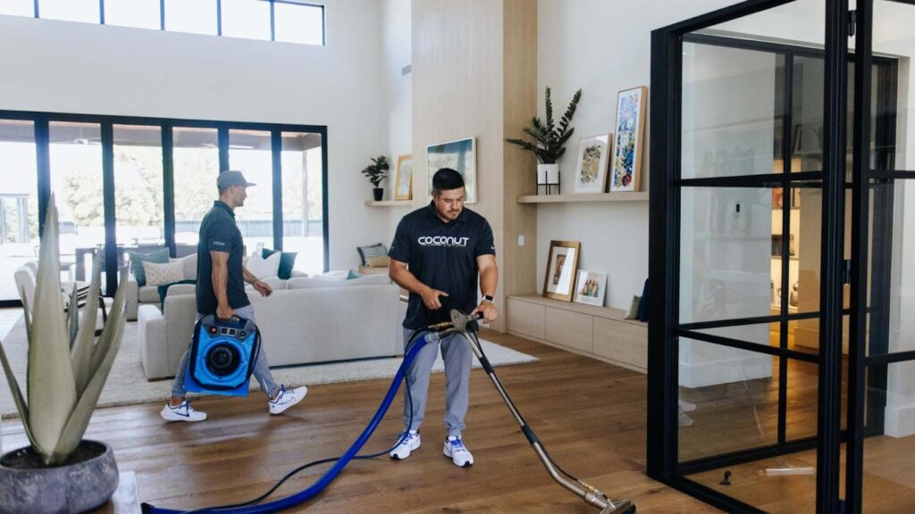 2 Coconut Cleaning specialists cleaning living room.