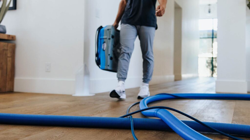 Blue vacuuming hoses overlapping each other.