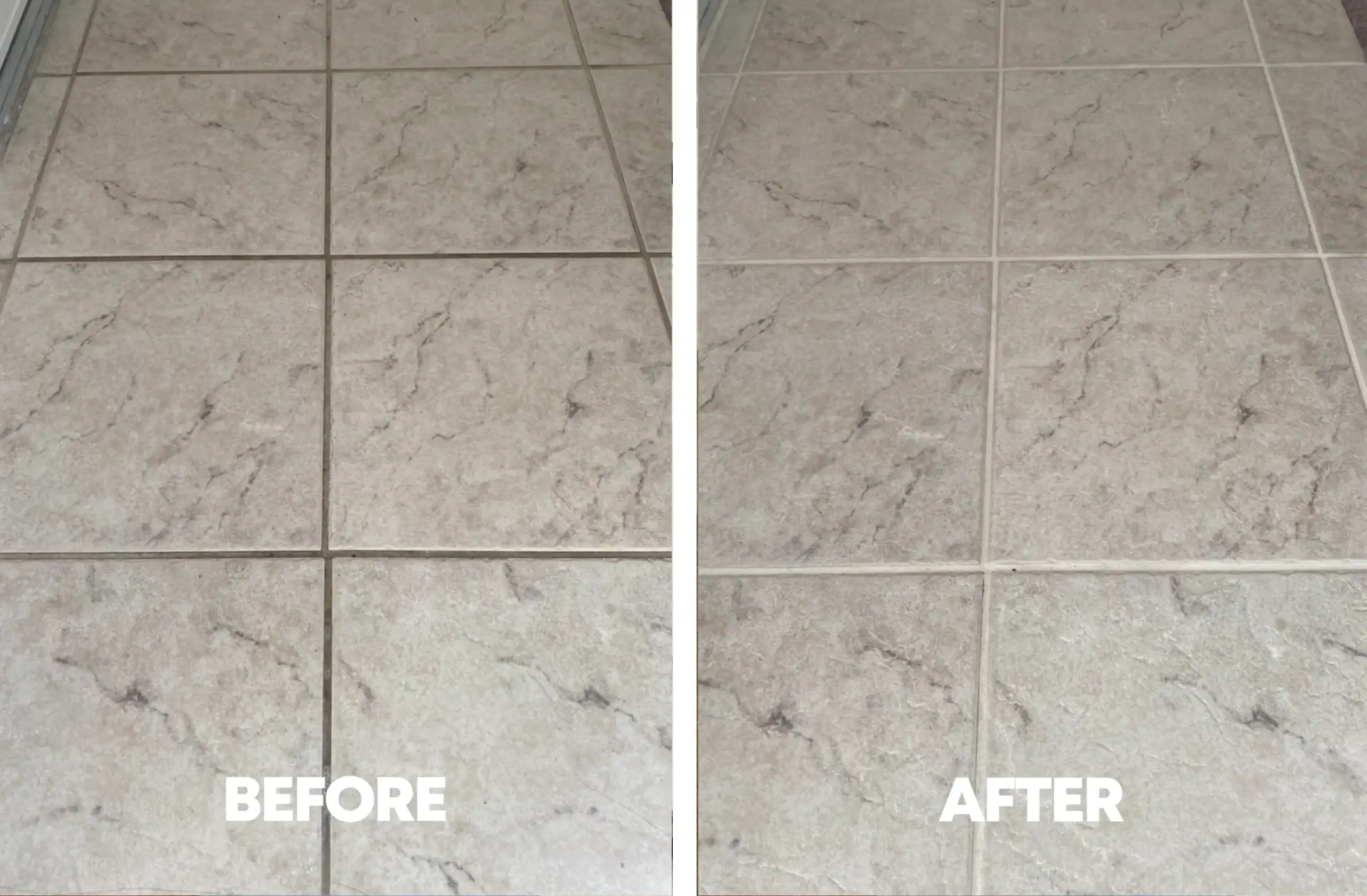 before-and-after-tile-and-grout-kitchen-cleaning-utah Tile and grout cleaning before and after in a Utah kitchen — darkened grout lines restored to clean off-white