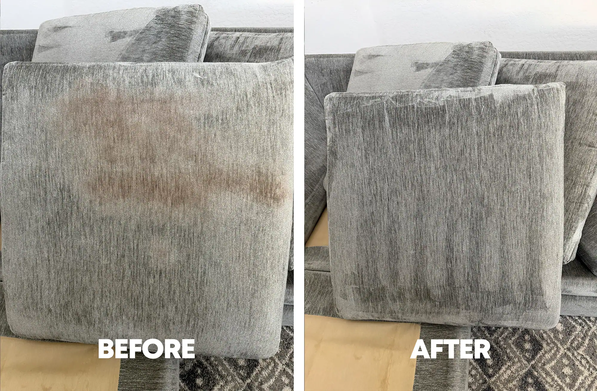 before-and-after-upholstery-cleaning-sofa-spot-removal-chandler-arizona Upholstery cleaning before and after in Chandler, AZ — brown spot stain removed from a gray sofa cushion