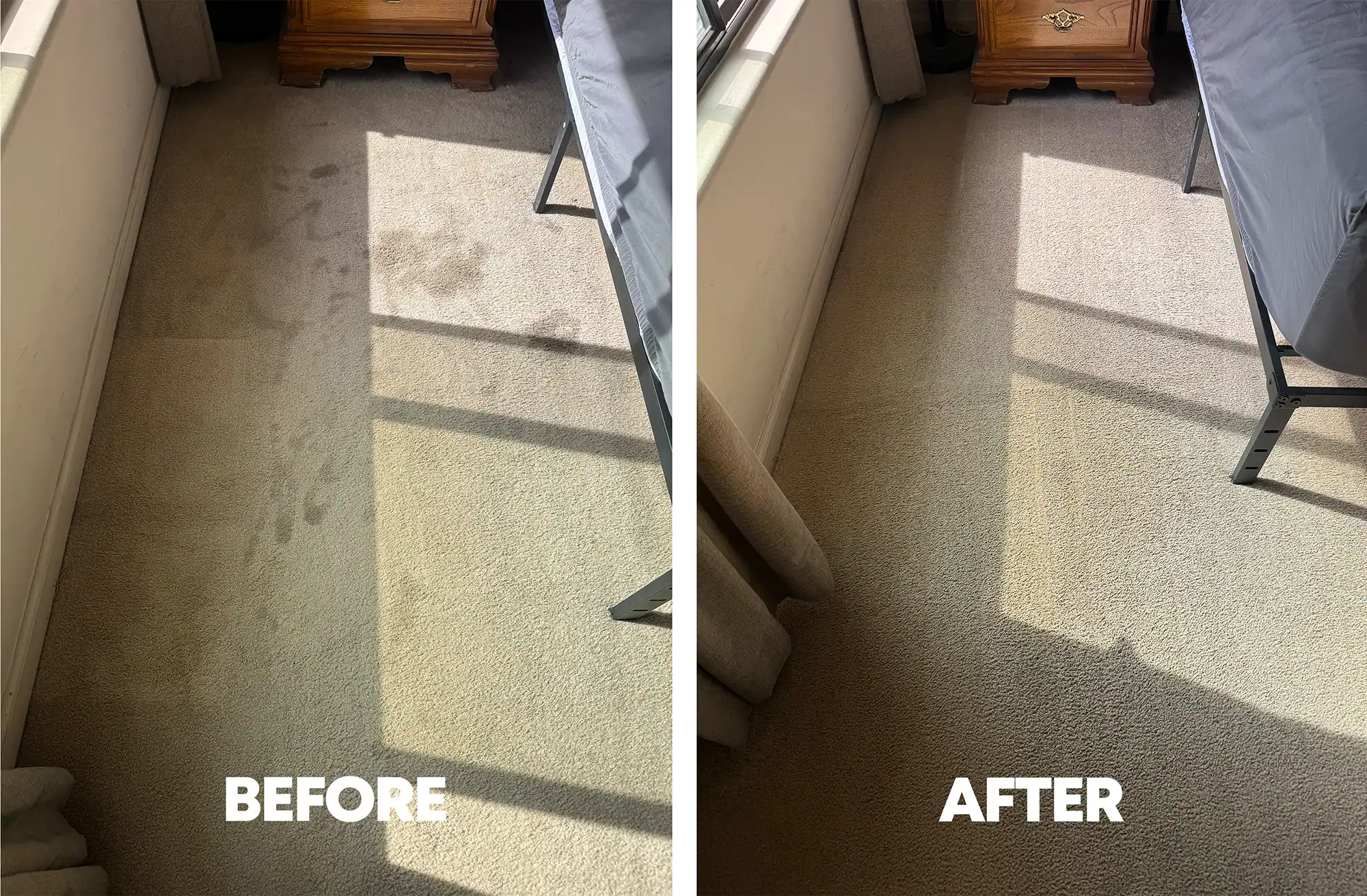 Residential carpet cleaning before and after in a Mesa, AZ bedroom — staining and spots removed from light beige carpet
