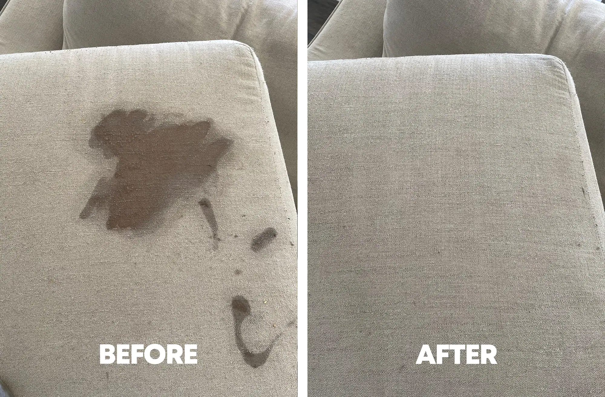 Upholstery cleaning before and after in Phoenix, AZ — large stain removed from a cream linen sofa cushion