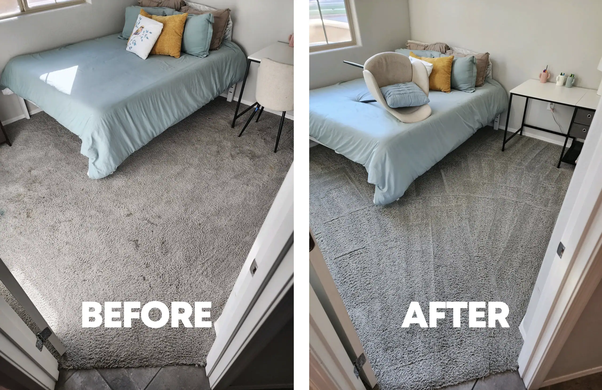 before-and-after-child-bedroom-carpet-deep-clean-stain-removal-houston-texas Child's bedroom carpet before and after in Houston, TX — heavily soiled grey carpet with spots and debris cleaned to a bright, even finish