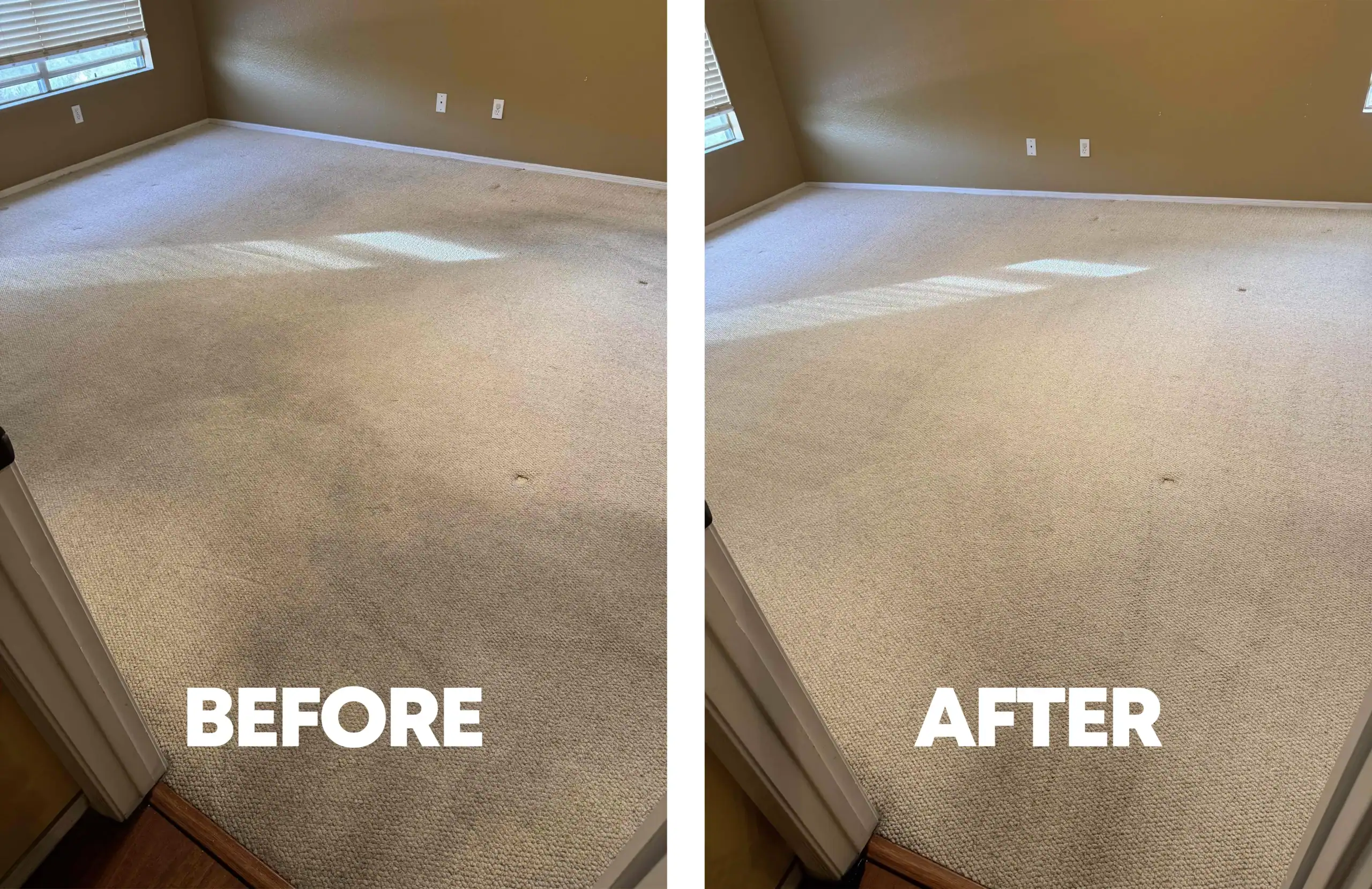 before-and-after-empty-bedroom-carpet-deep-clean-houston-texas Bedroom carpet before and after in Houston, TX — dulled, soiled beige carpet cleaned to a brighter, even finish