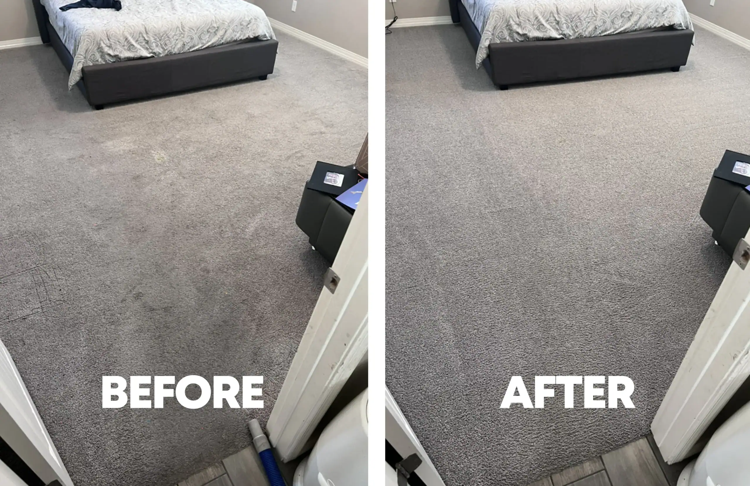 before-and-after-master-bedroom-carpet-deep-clean-spot-removal-houston-texas Master bedroom carpet before and after in Houston, TX — soiled grey carpet with spots cleaned to an even, refreshed finish