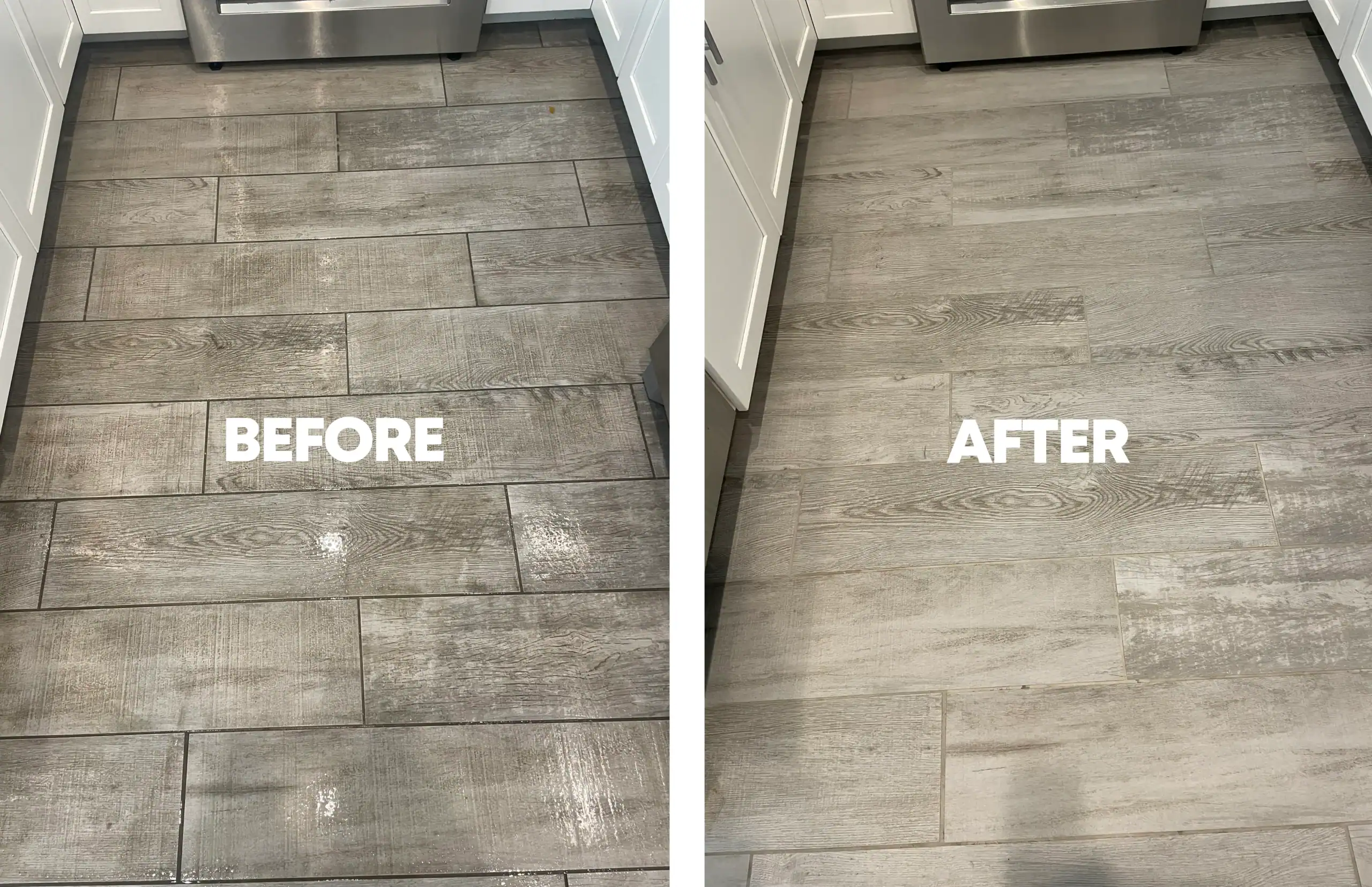 before-and-after-tile-and-grout-cleaning-high-contrast-results-austin-texas Tile and grout cleaning before and after in an Austin, TX kitchen — hazy grey wood-look tile and grout cleaned to a clearer, brighter finish