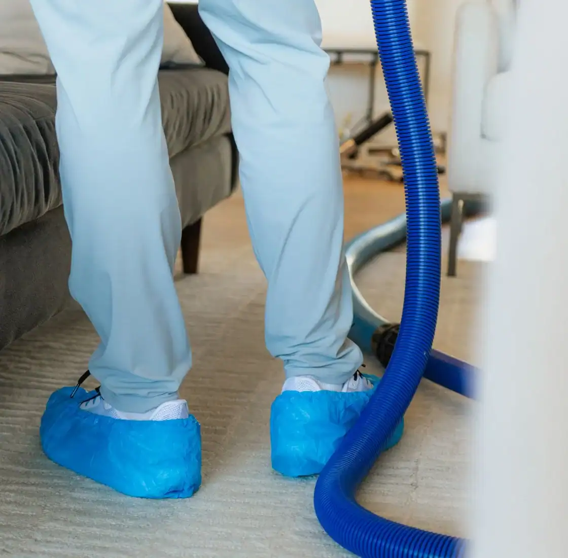 Technician in protective shoe covers standing on carpet beside the cleaning hose
