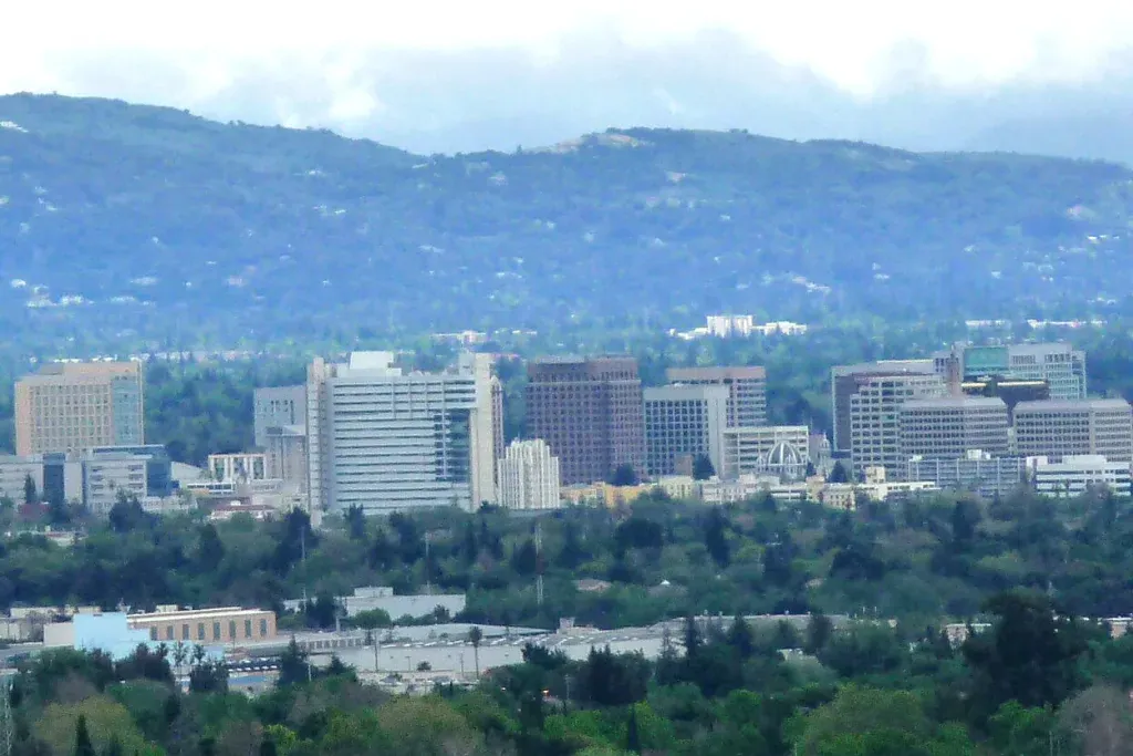 Downtown San Jose skyline with the foothills behind, California
